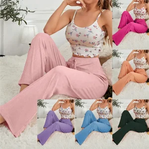 Pajamas Suit Women Camisole Pants 2 Piece Sets Flower Print Nightwear Suspender Top Trousers Summer Sleeveless Outfits Sleepwear