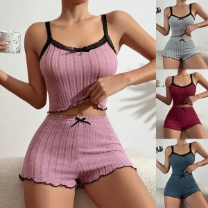 Women Pajamas Sleepwear 2 Piece Sets Lace Camisole Shorts Loungewear Suit Sling Top Short Pants Bow Summer Outfits Nightwear