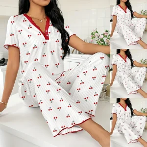 Pajamas Suit Women Sleepwear 2 Piece Sets Top Pants Short Sleeve Print V Neck Loungewear Summer Nightwear Trousers Outfits