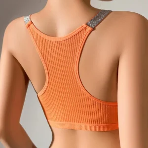 Lightweight Molded Cup Bra Contoured Cup Bra Glitter Sparkly Straps Ribbed Sports Bra for Women Racerback Crop Top for Active